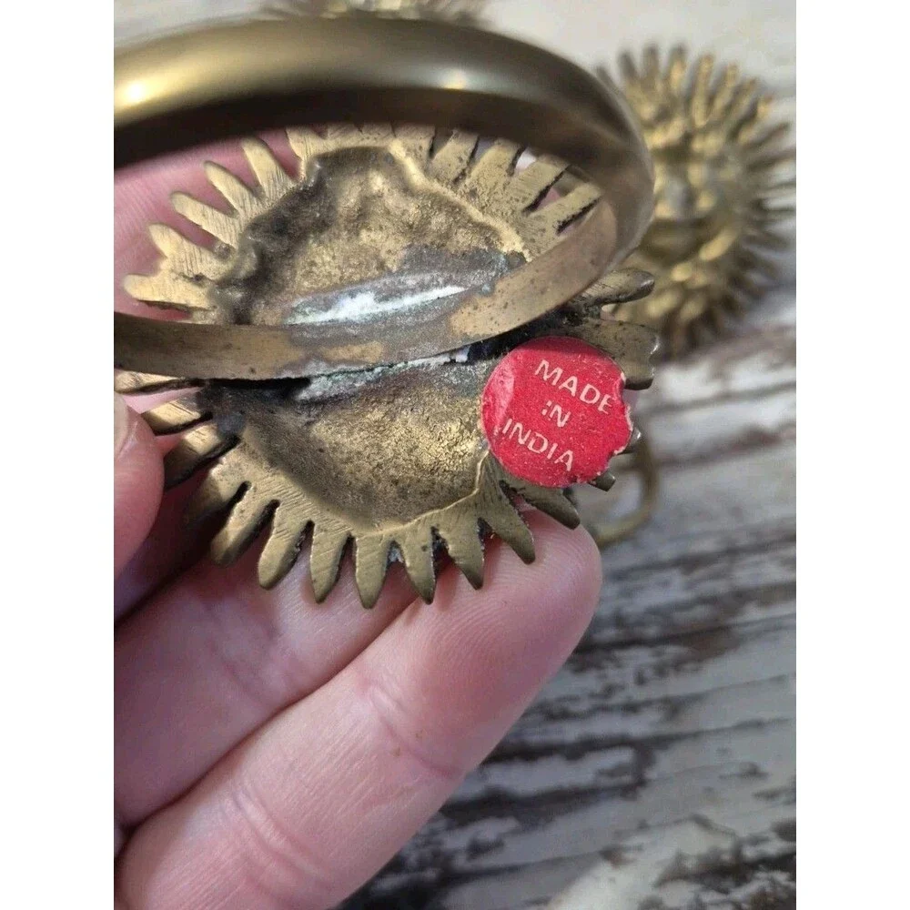 Vintage Solid Brass Sunshine Smiling Face Napkin Rings Set of 6 2